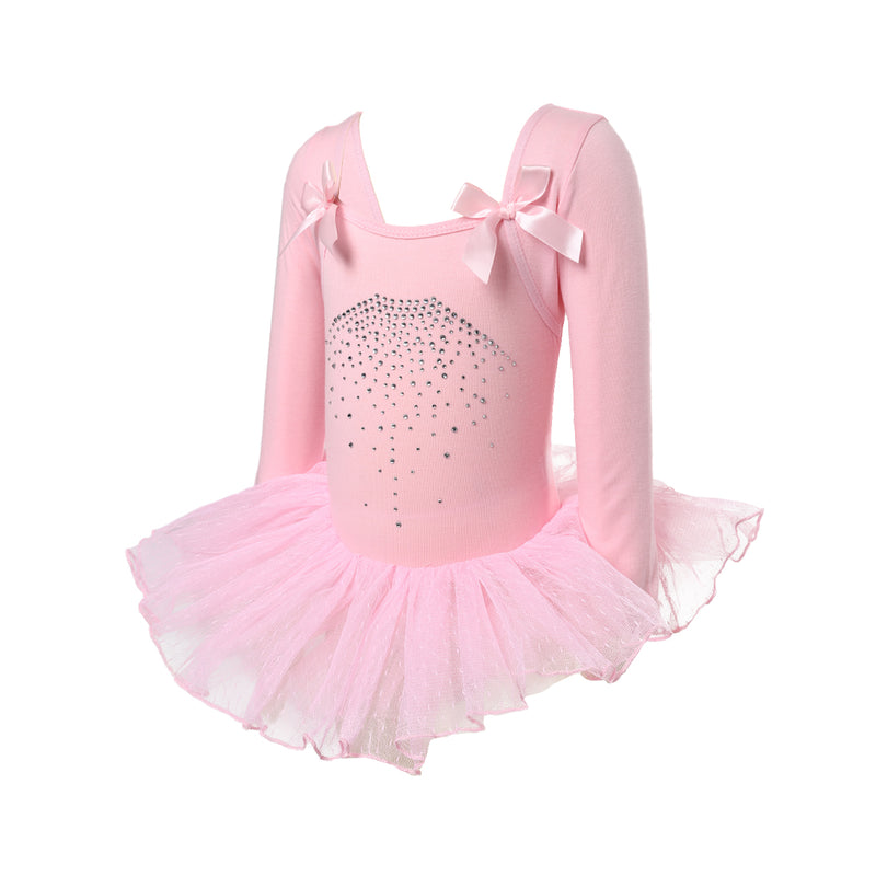 Pink Rhinestone Bow Long-Sleeve Ballet Dress