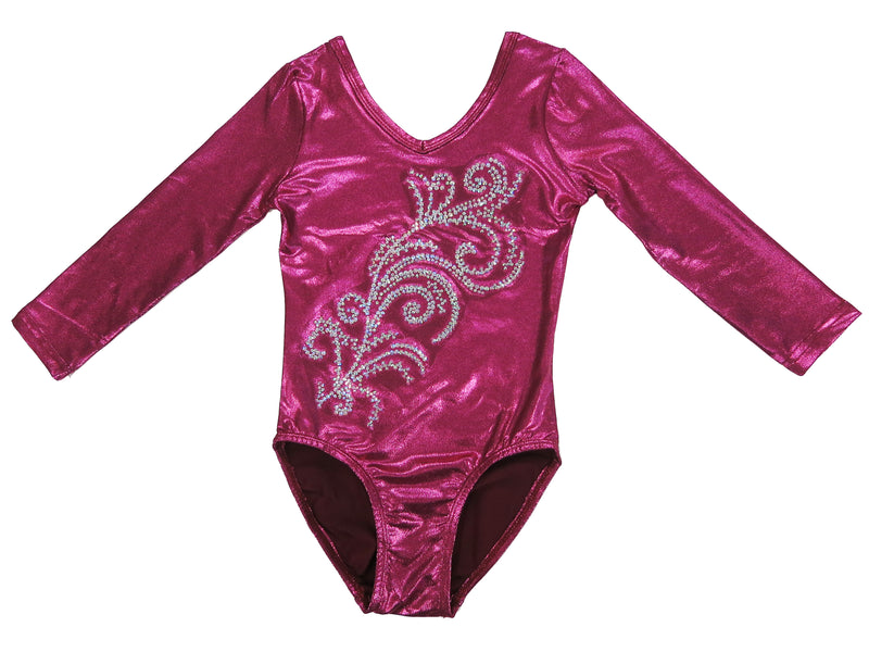 Hot Pink Long Sleeve  Rhinestone Competition Leotard