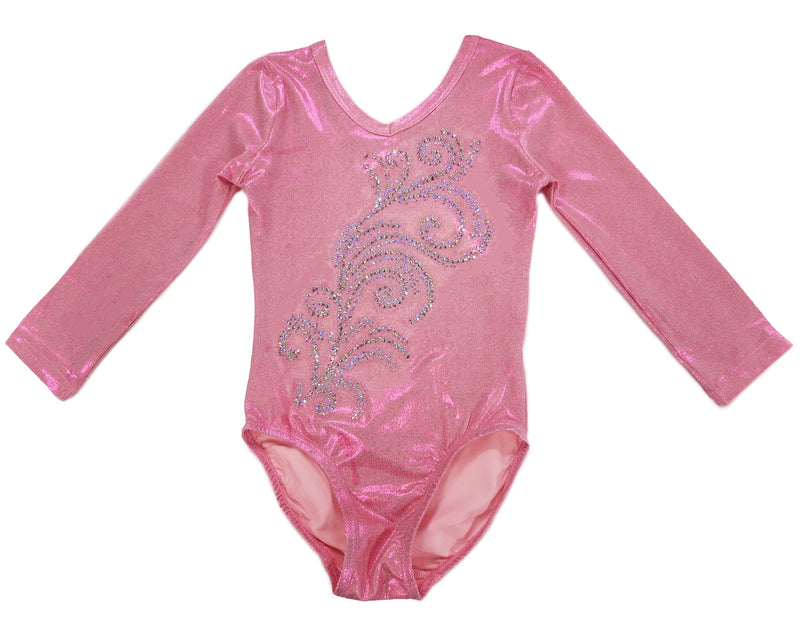 Pink Long Sleeve Rhinestone Competition Leotard