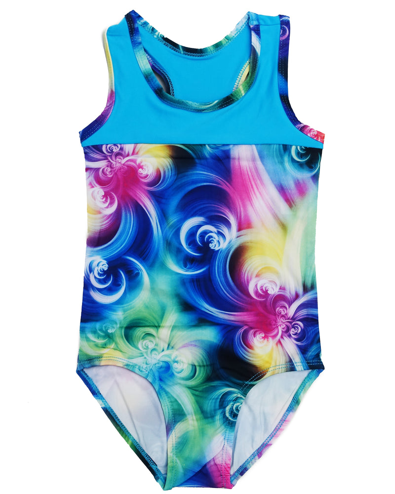 Blue Rainbow Floral T-Back Leotard