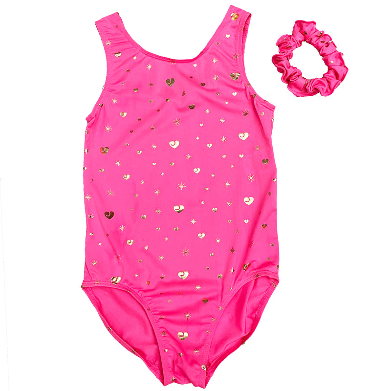 Kid's Hot Pink Heart-Star Leotard With Hair Band