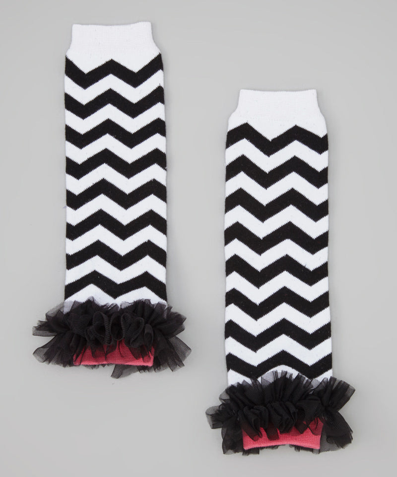 Black/White Chevron Leg Warmer With Chiffon Ruffle