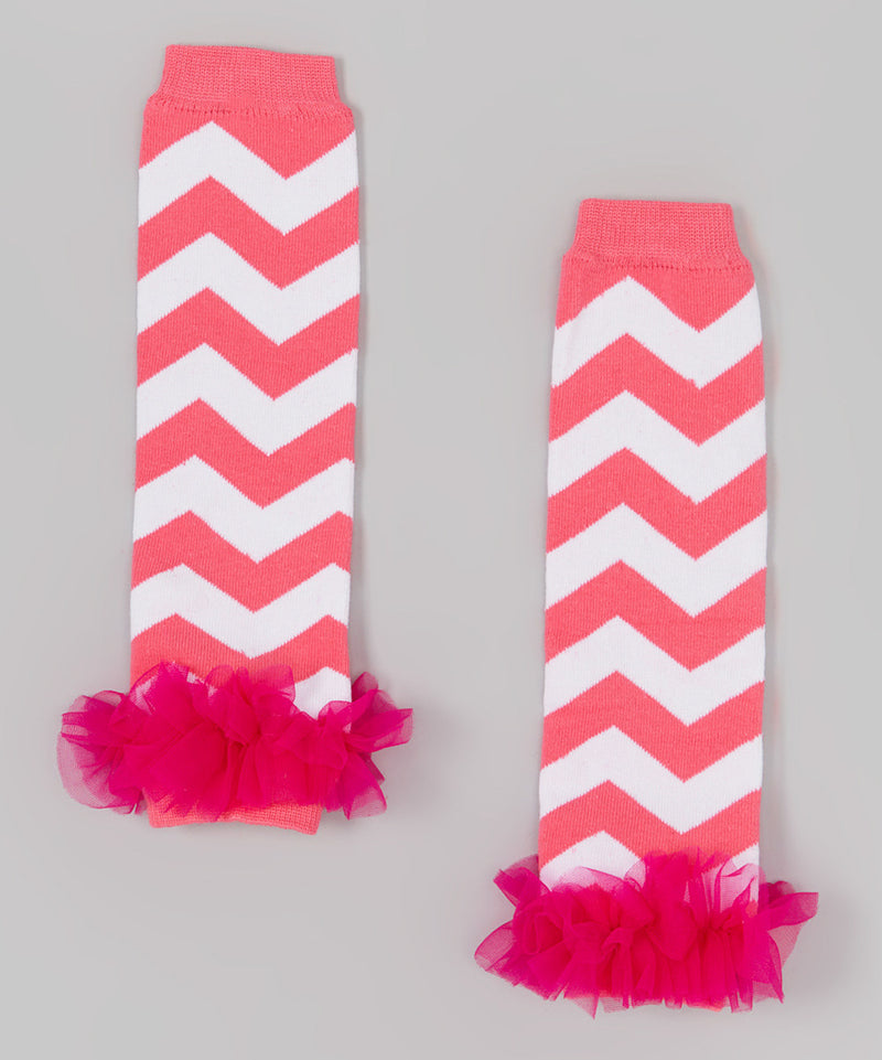 Hot Pink/White Chevron Leg Warmer With Chiffon Ruffle