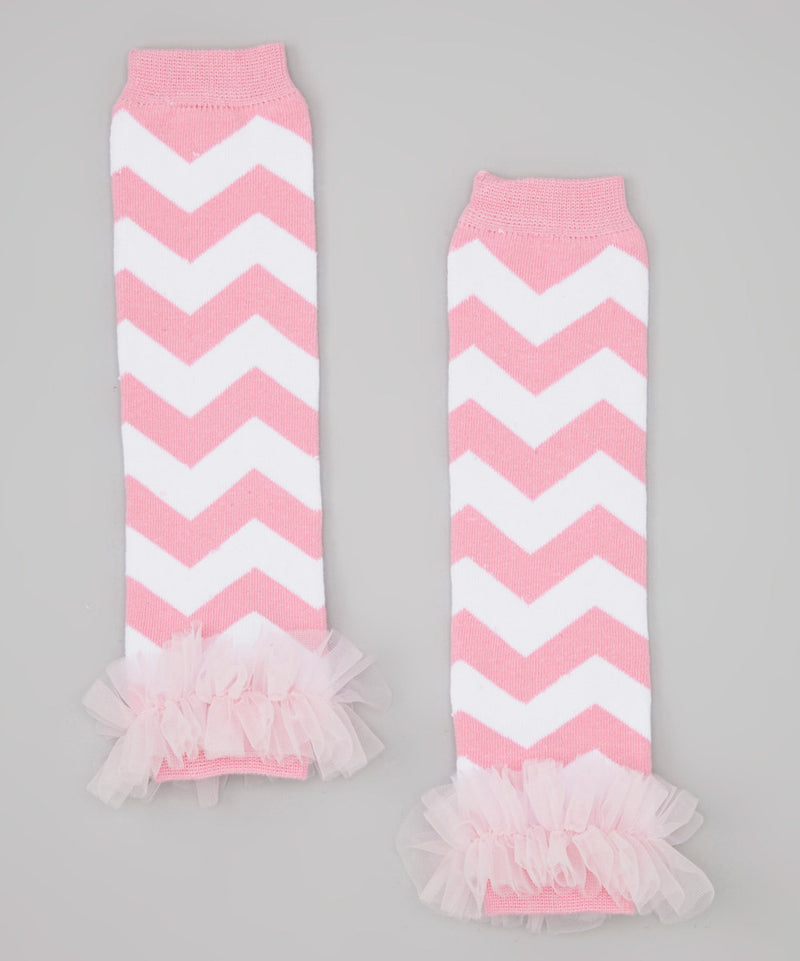 Pink/White Chevron Leg Warmer With Chiffon Ruffle