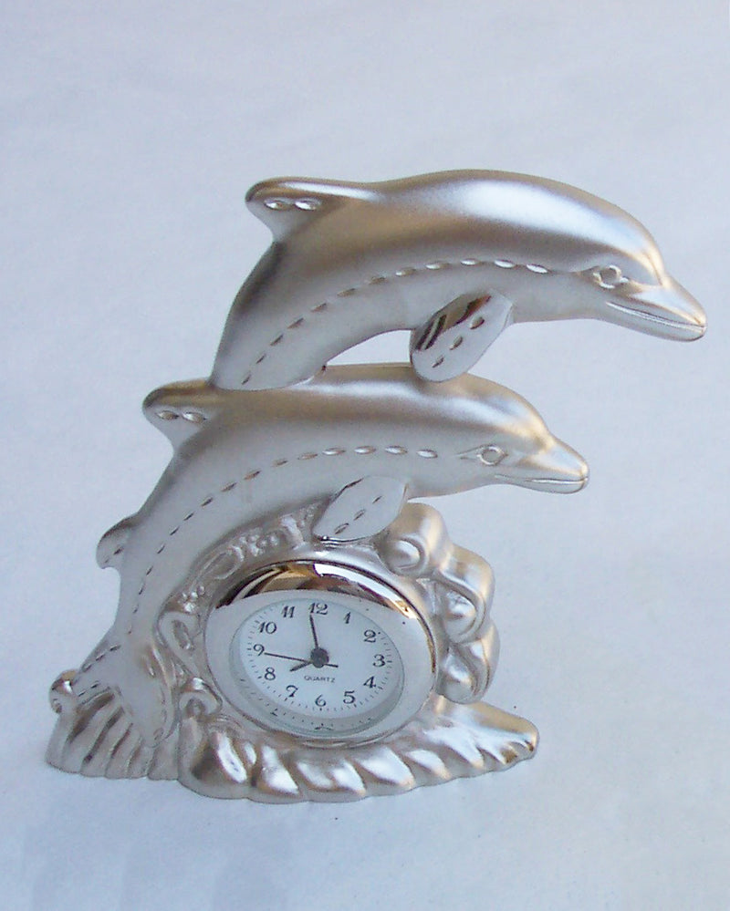 Silver Double Dolphin Collectible Mini Clock