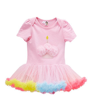 Pink Baby Cupcake Candle Bodysuit Attach Rainbow Tutu