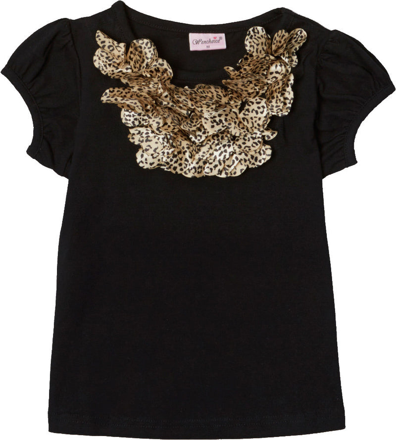 Black Short Sleeve Shirt With Leopard Trim