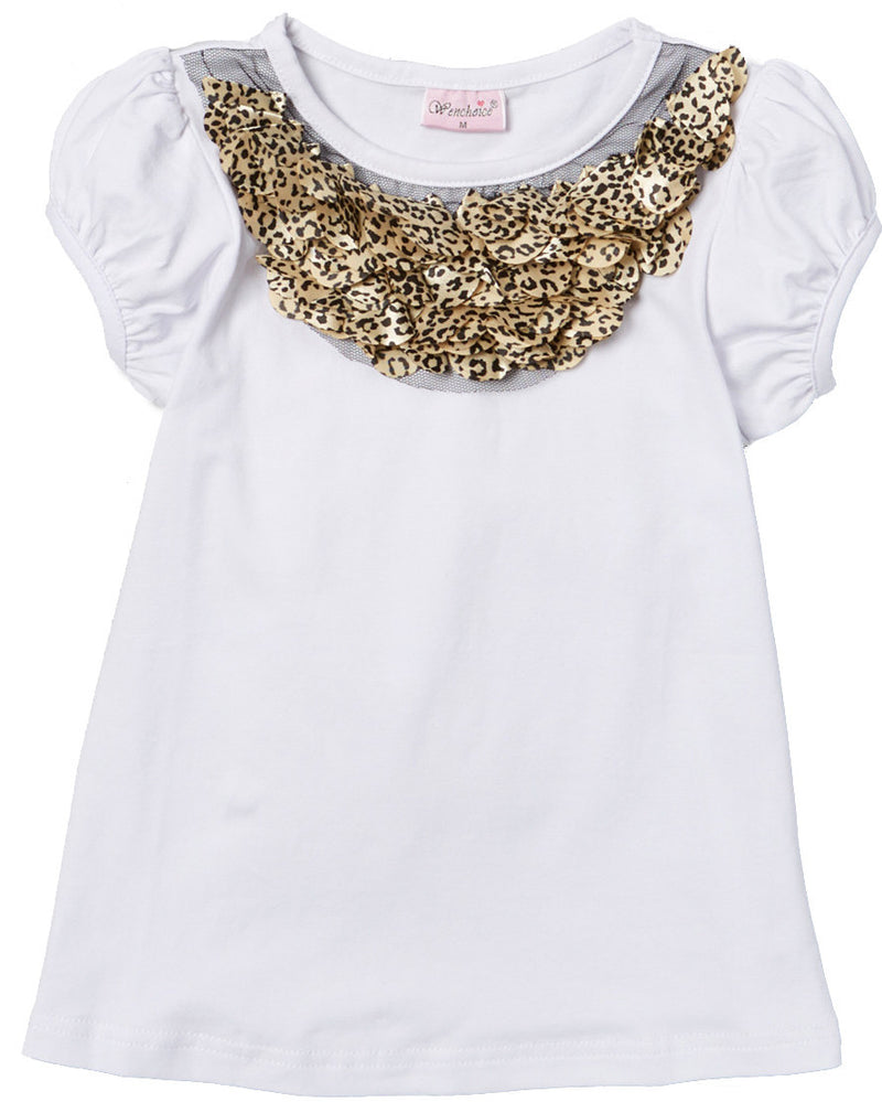 White Short Sleeve Shirt With Leopard Trim