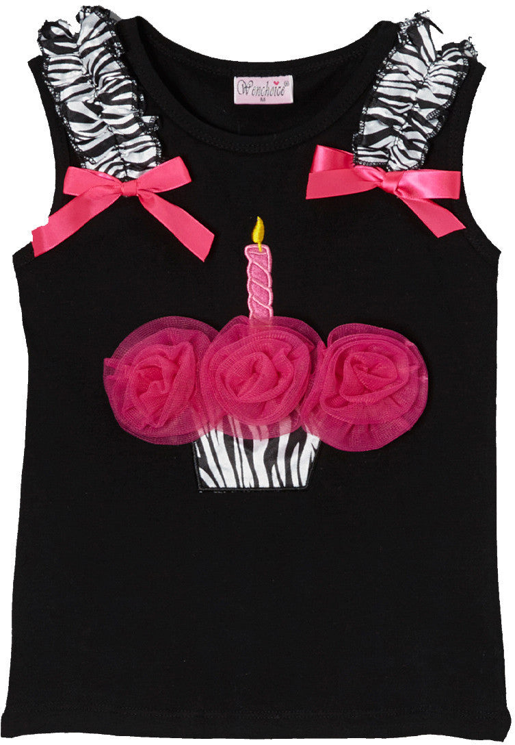 Black Zebra Cupcake Tank Top With Hot Pink Flower