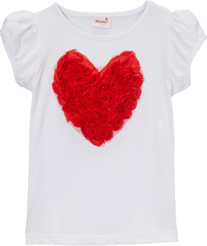 White Short Sleeve Shirt With Red Rose Heart