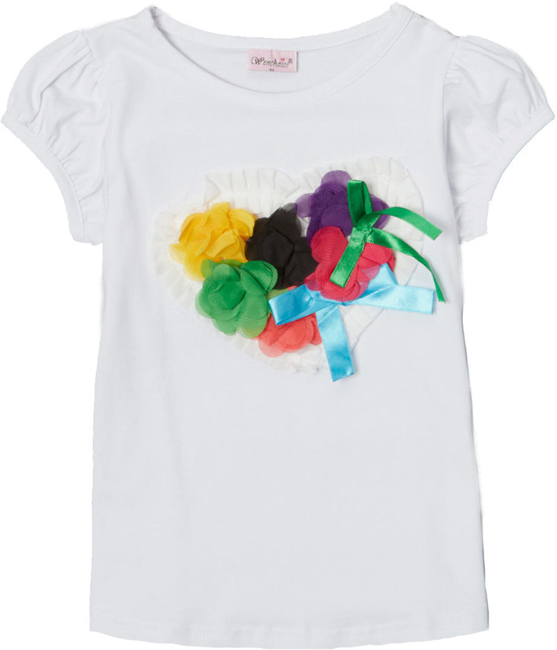 White Short Sleeve Shirt With Flower In Heart
