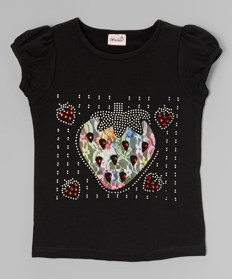 Lace Strawberry Rhinestone Black Short Sleeve Shirt