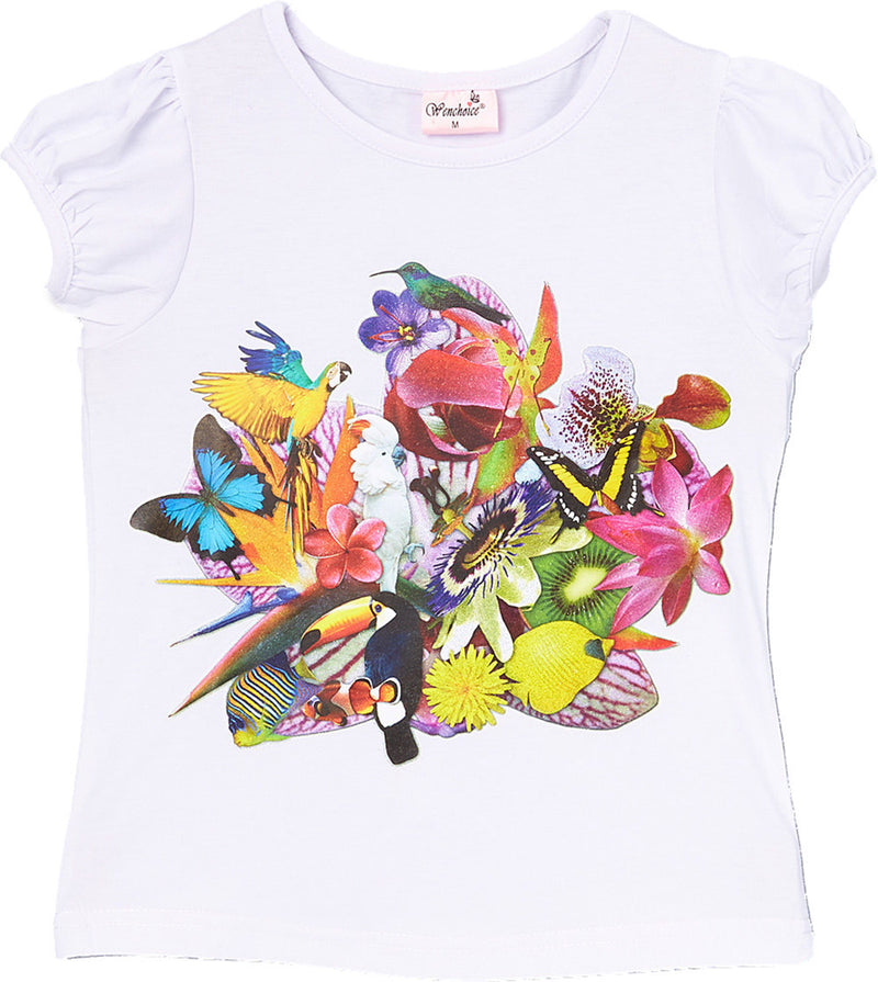 Lace Birds/Flower Rhinestone White Short Sleeve Shirt