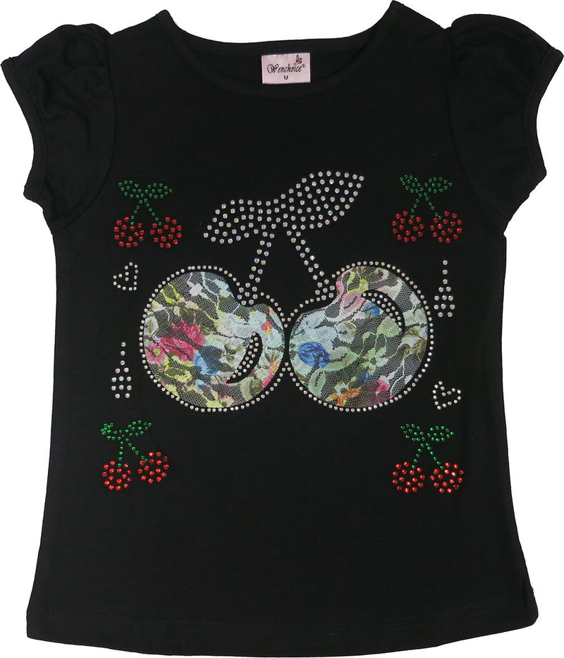 Lace Cherry Rhinestone Black Short Sleeve Shirt