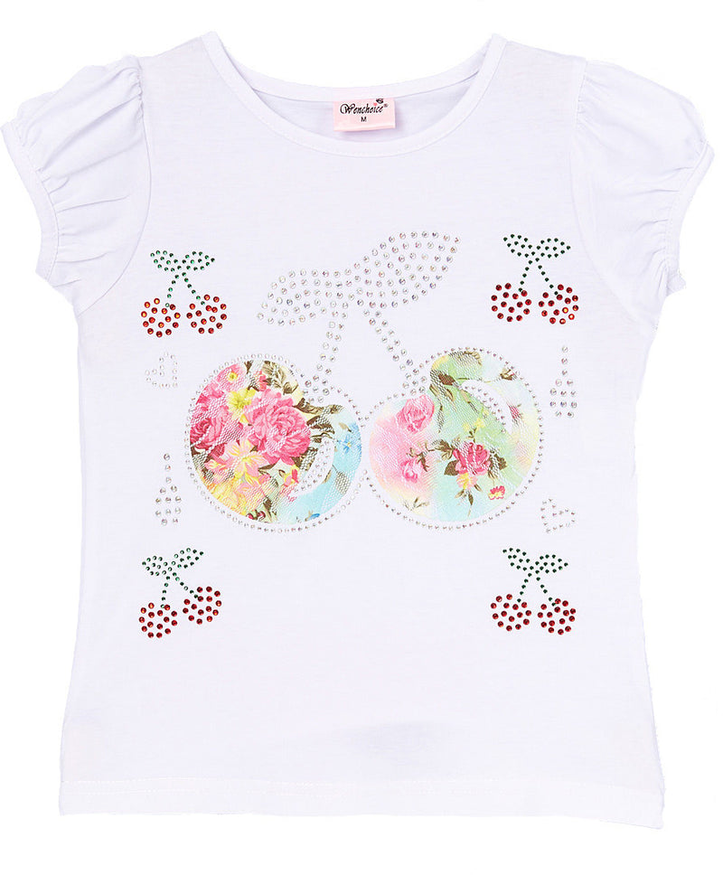 Lace Cherry Rhinestone White Short Sleeve Shirt