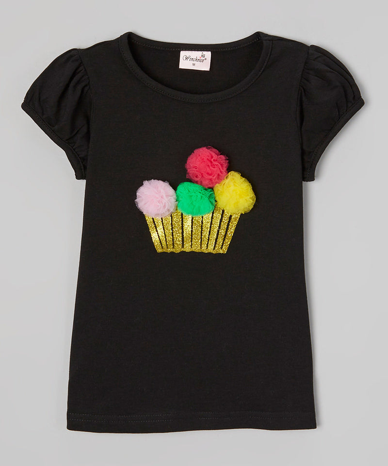 3-D Pompom Cupcake Black Short Sleeve Shirt