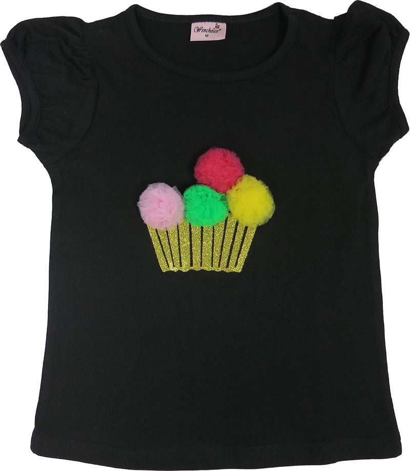 3-D Pompom Cupcake Black Short Sleeve Shirt