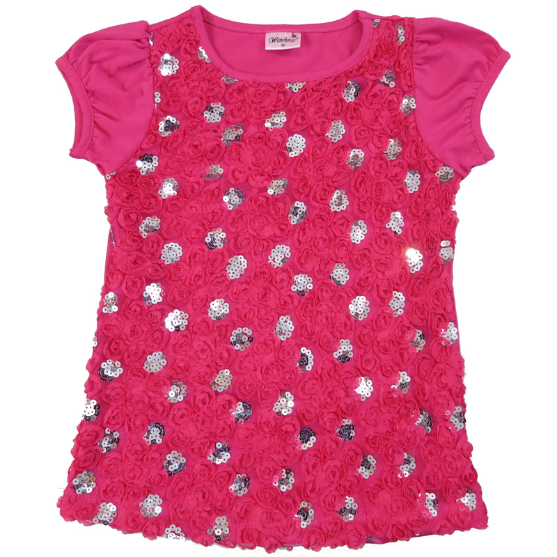 Hot Pink Sequin Rose Short Sleeve Shirt