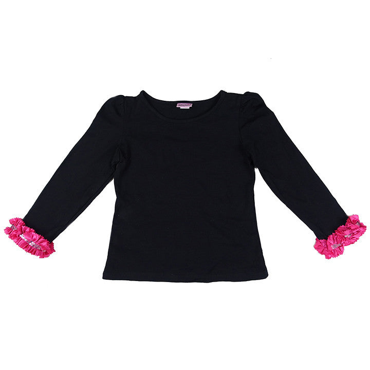 Black Hot Pink Ruffle Trim Long Sleeve Shirt