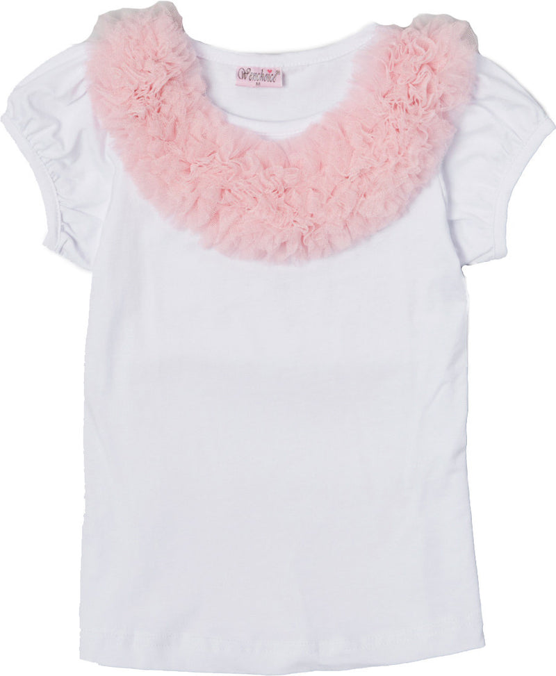White Short Sleeve Shirt With Pink Ruffle