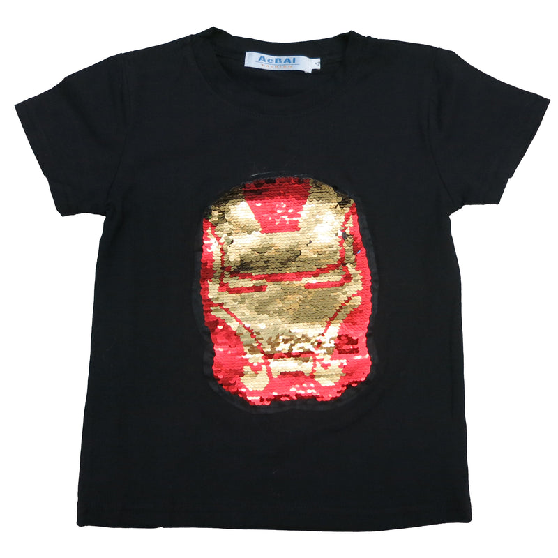 Black Flip Sequins Iron Man T-Shirt