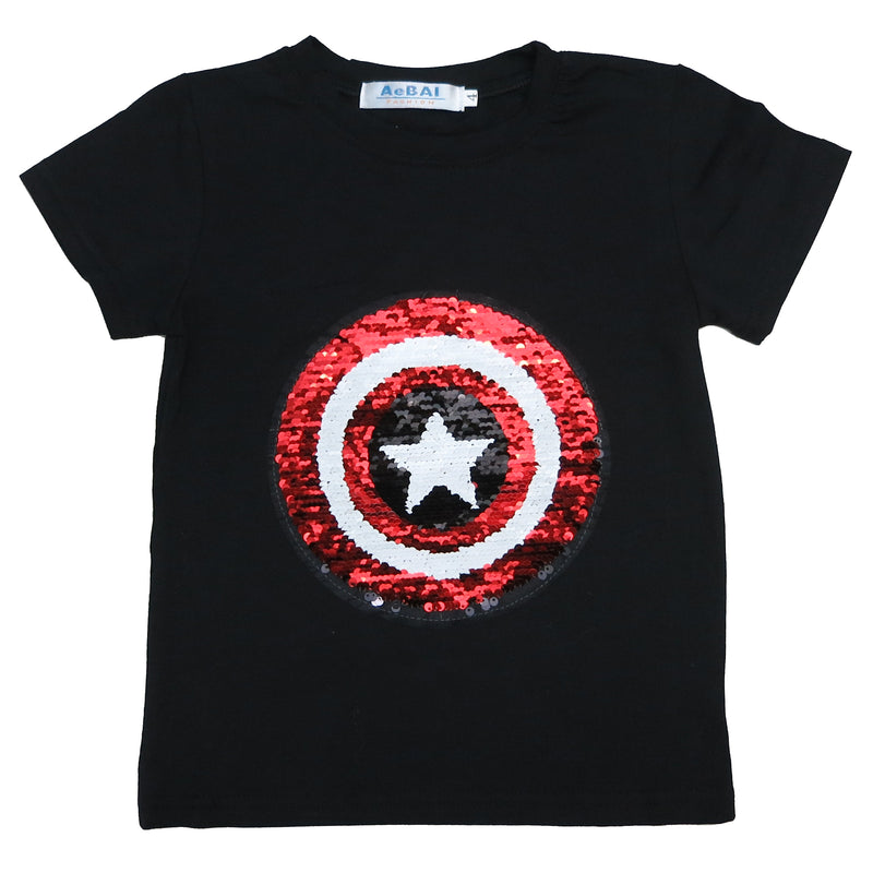 Black Flip Sequins Spiderman/Captain America T-Shirt