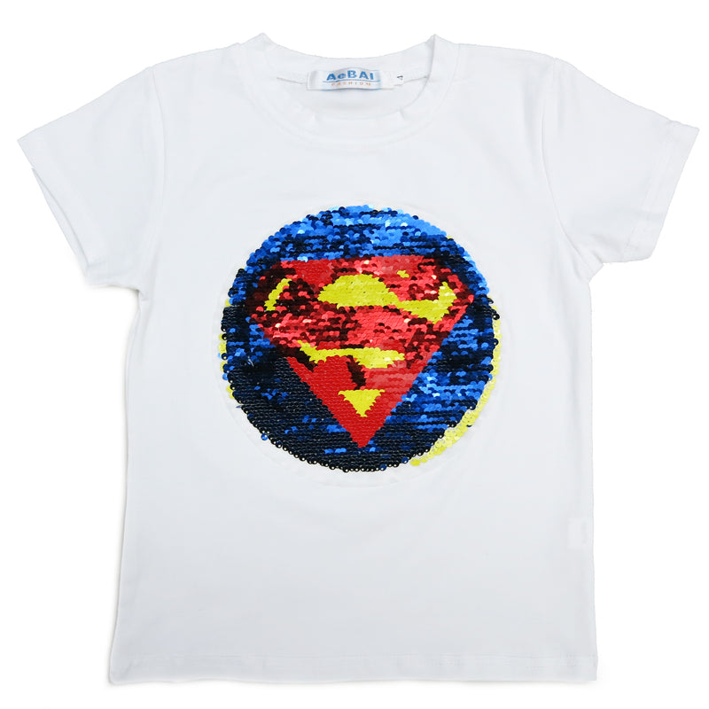 White Flip Sequins Batman/Superman T-Shirt