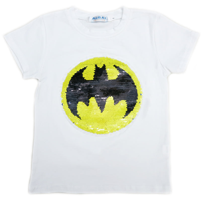 White Flip Sequins Batman/Superman T-Shirt
