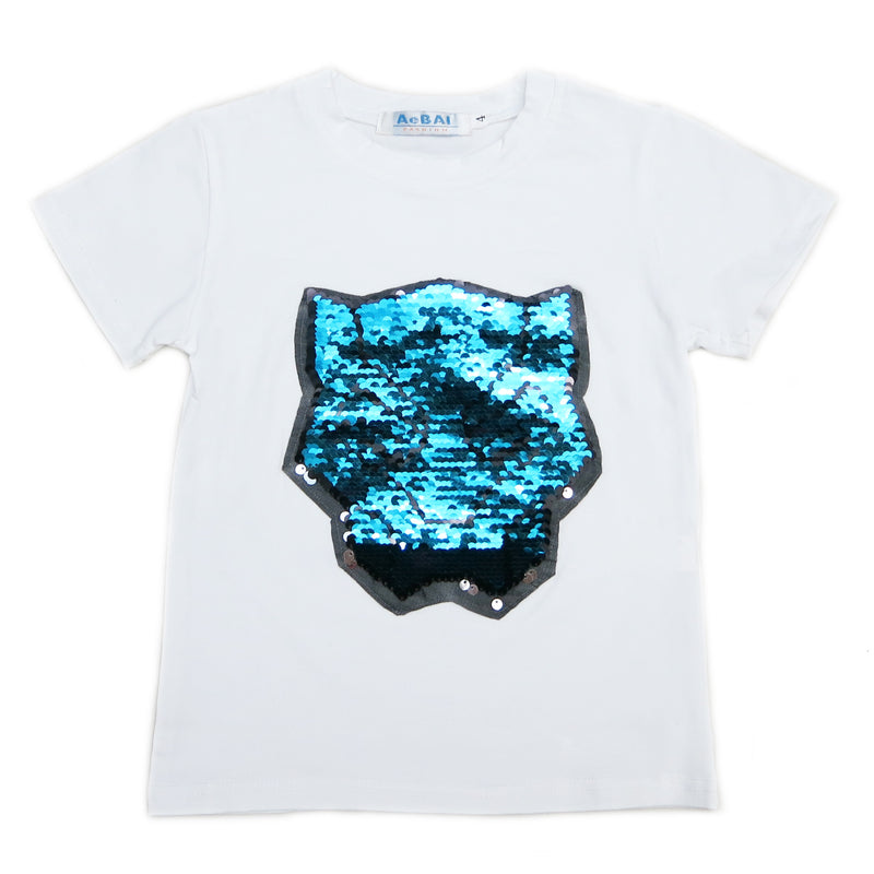 White Flip Sequins Black Panther T-Shirt