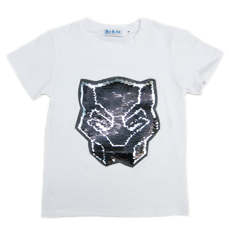 White Flip Sequins Black Panther T-Shirt