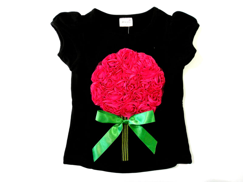 Black Short Sleeve Shirt With Hot Pink Big Flower /Green Bow
