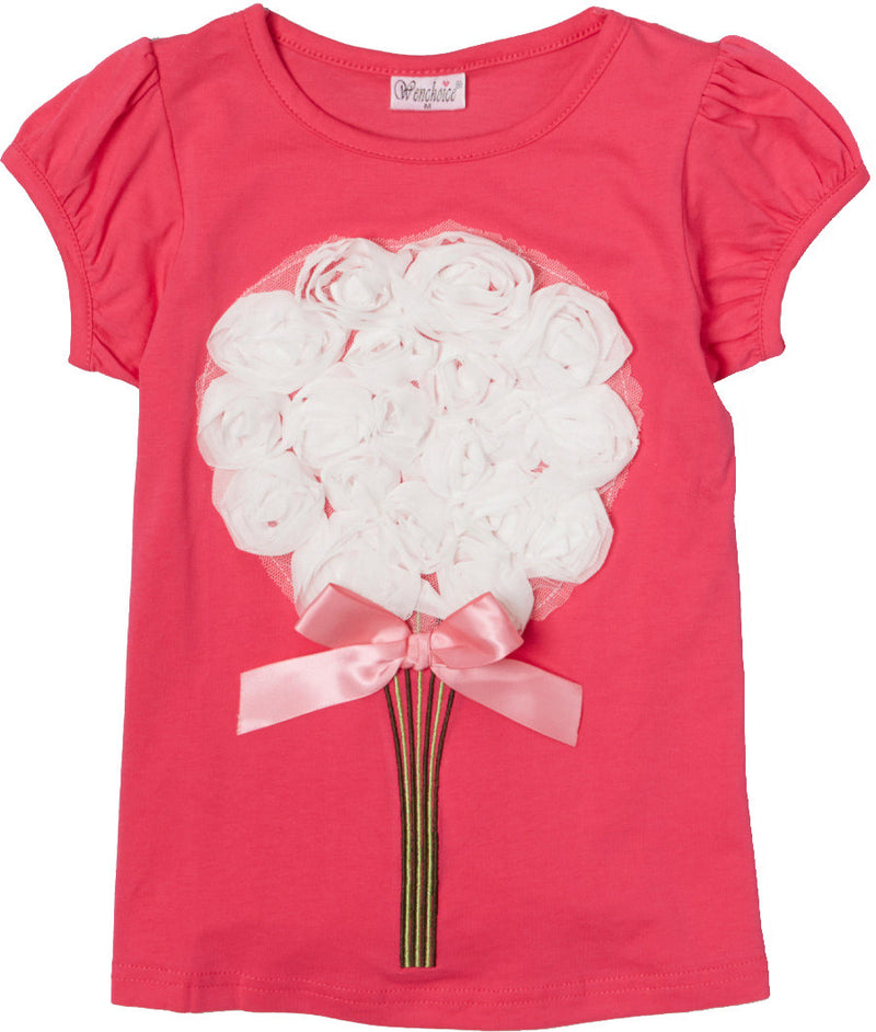 Hot Pink Short Sleeve Shirt With White Big Flower/Hot Pink Bow