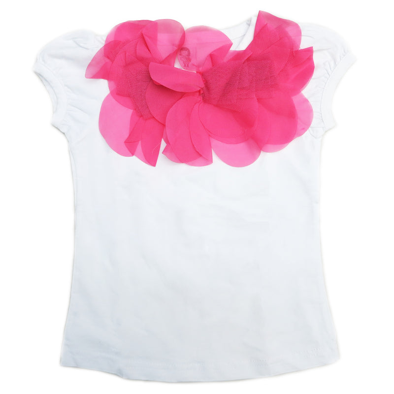 Hot Pink Ruffle Trim White Short Sleeve Shirt