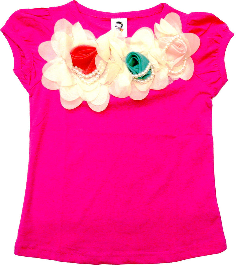 Hot Pink Short Sleeve Shirt With 3 Rose