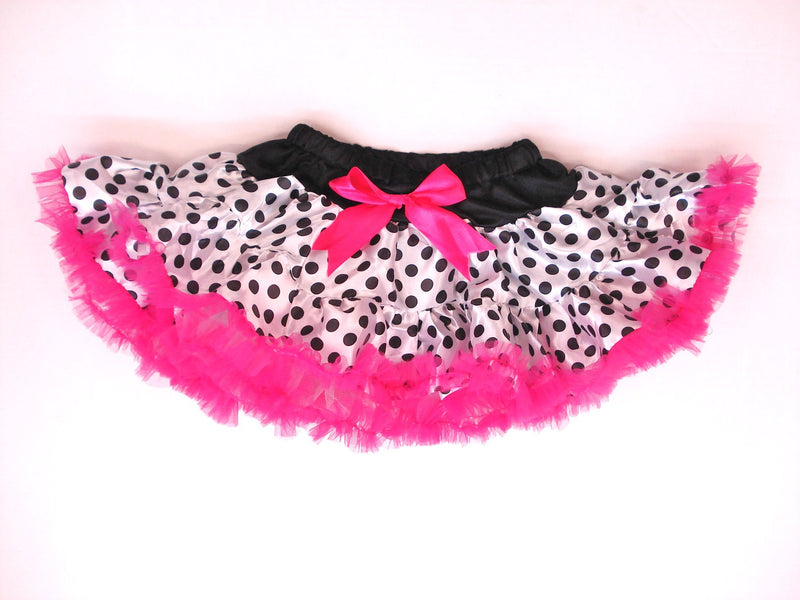 White/Black Dot Satin Tutu With Hot Pink Trim