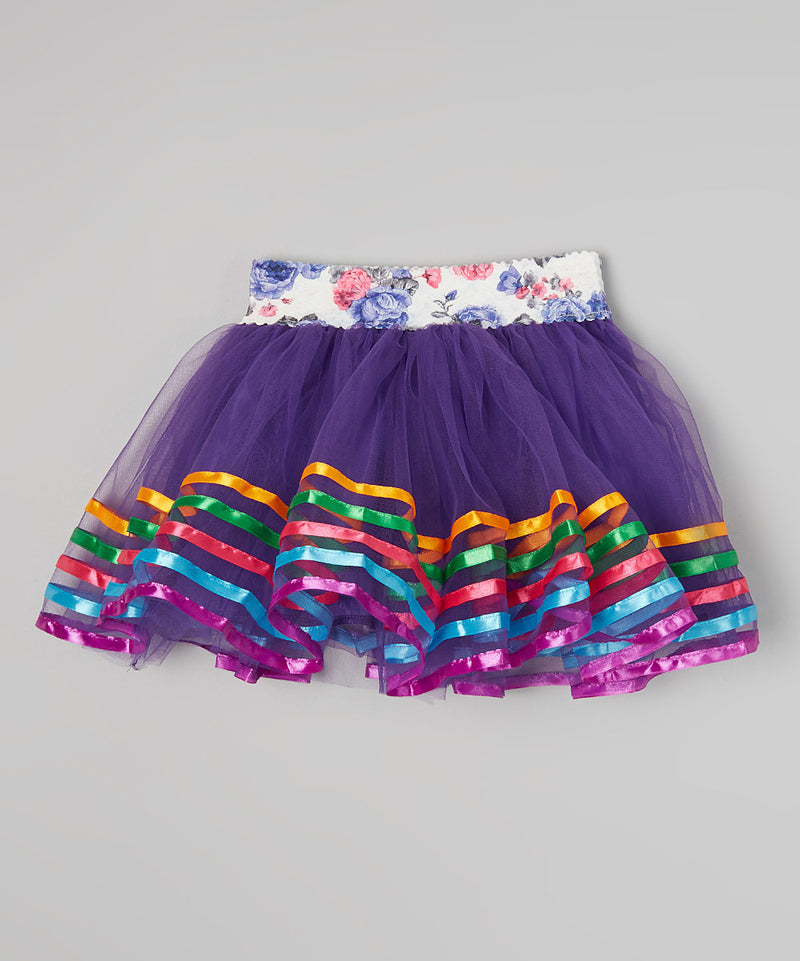 Rainbow Striped Ribbon Trim Purple Tutu Skirt