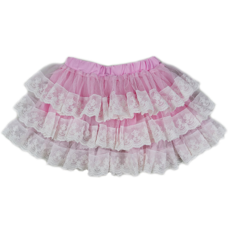 White Lace Trim Pink Tutu Skirt