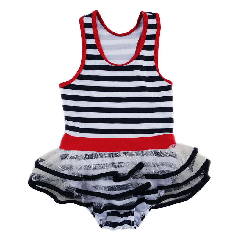 Navy Blue & White Stripe Skirted Swimming Suit