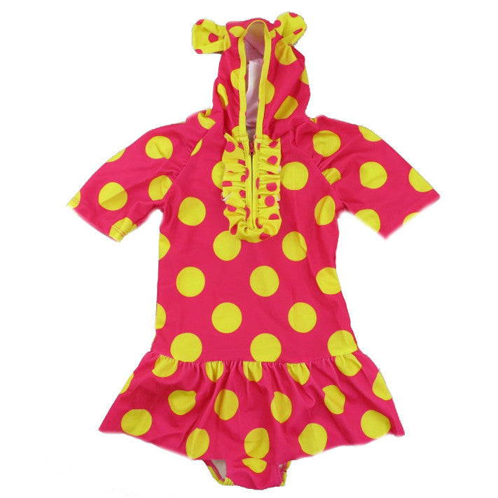 Red & Yellow Polka Dot Cap & Sleeve Swimming Suit