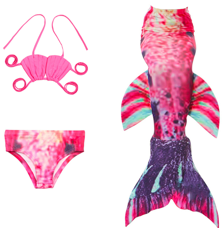 Hot Pink-Green Fish Tail Shell Top 3-Pieces Swimming Suit