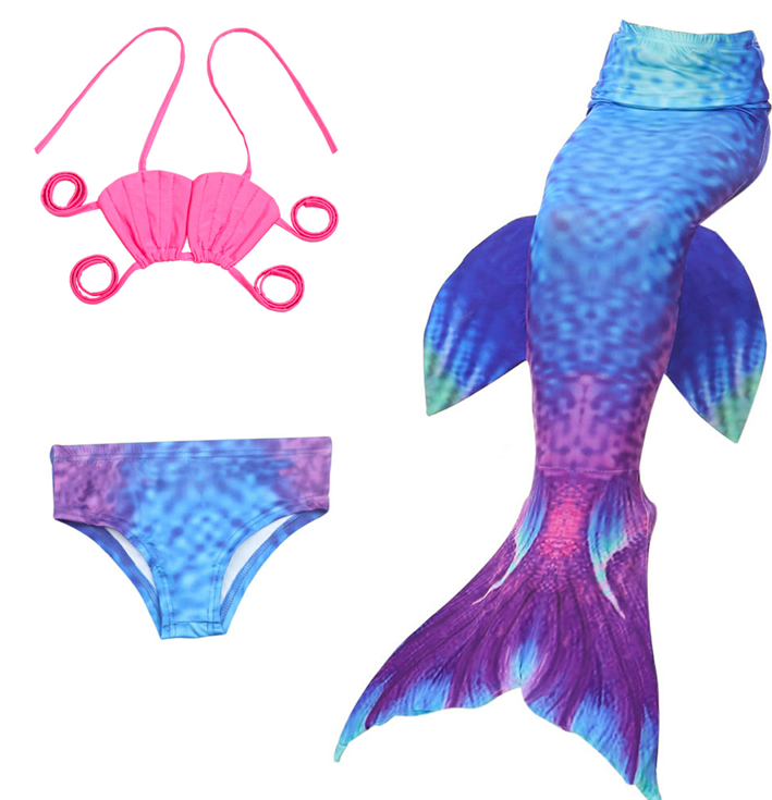 Blue-Purple Scales Fuchsia Shell Fish Tail 3-Pieces Swimming Suit