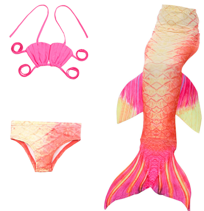 Yellow-Red Scales Fuchsia Shell Fish Tail 3-Pieces Swimming Suit