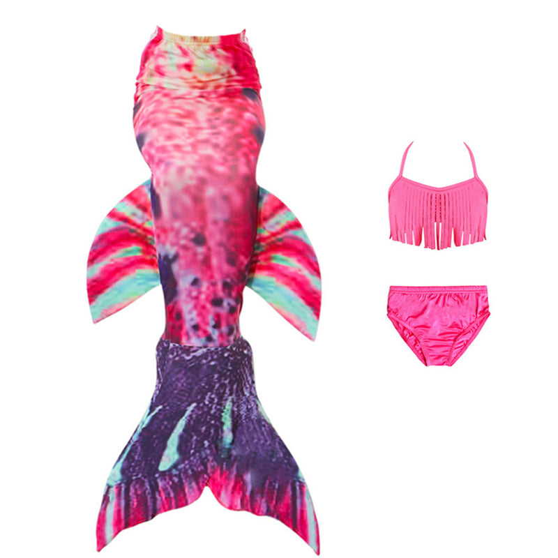 Hot Pink-Green Fish Tail 3-Pieces Swimming Suit