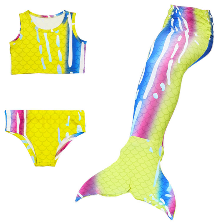 Yellow-Blue-Fuchsia Mermaid Tail 3-Pieces Swimming Suit