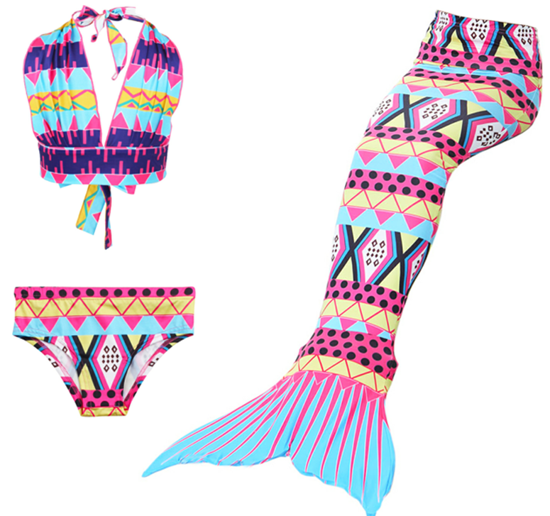 Fuchsia-Blue-Yellow Mermaid Tail 3-Pieces Swimming Suit