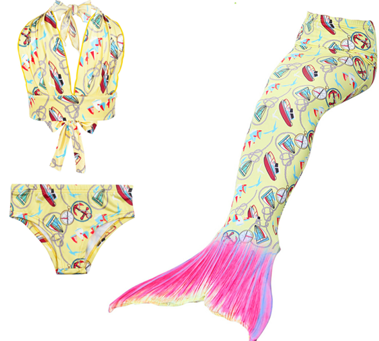 Yellow-Hot Pink Mermaid Tail 3-Pieces Swimming Suit