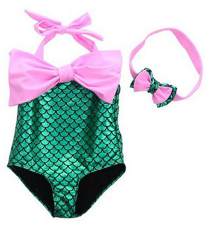 Green Mermaid Pink Bow Swimming Suit