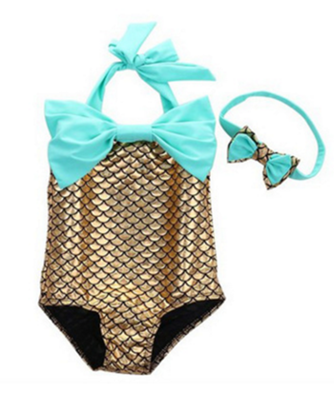 Gold Mermaid Turquoise Bow Swimming Suit