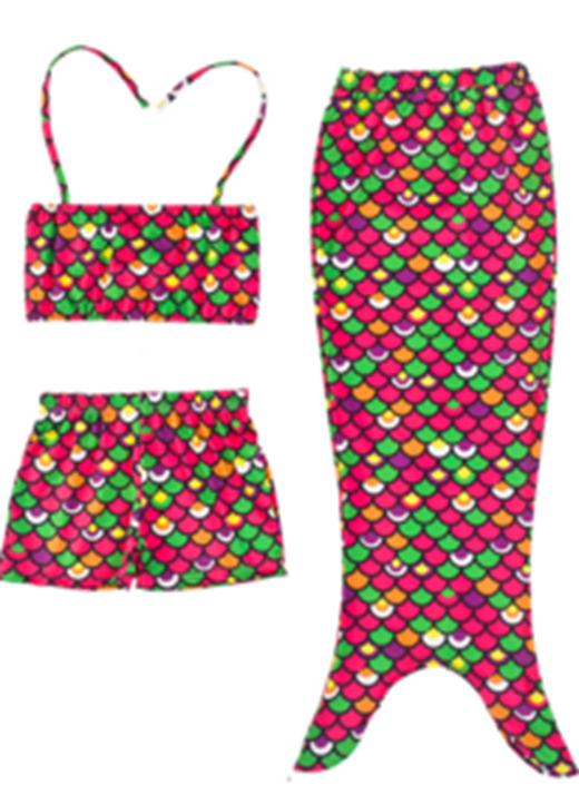 Green/Red Scales Mermaid Tail 3-Pieces Swimming Suit