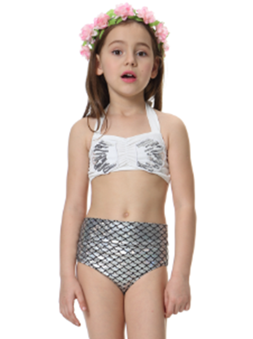 Silver/White Scales Sequins 2-Pieces Bikini Swimming Suit